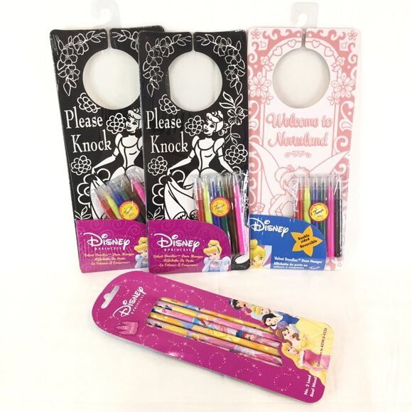 New 3 Disney Princess Cinderella Tinker Bell Velvet Doodle Door Hanger & Pencils - Picture 1 of 7